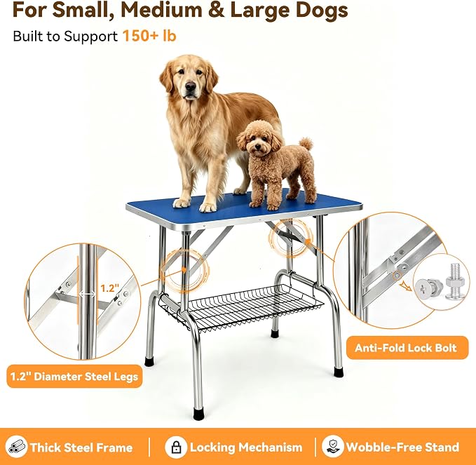 36" Foldable Dog Grooming Table with Adjustable H-Frame Arm & 2 Nooses, Heavy-Duty Stainless Steel Frame, Non-Slip Top, Tool Caddy and Mesh Tray, Blue - Image 3