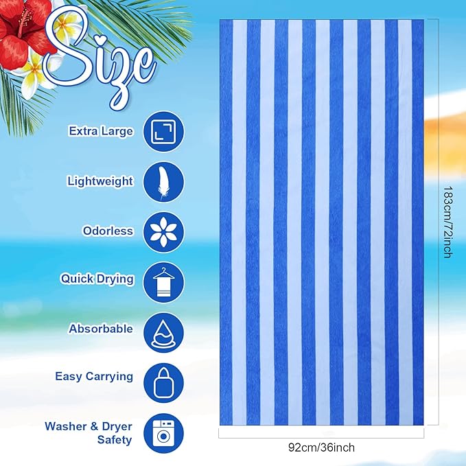 EBOOT 10 Pack Oversized Beach Towel Set Extra Large Pool Towels Microfiber Quick Dry Swim Blanket for Adult Women Men Face Hand Body Bath Travel Pool(Blue,36 x 72 Inch,Stripe) - Image 2