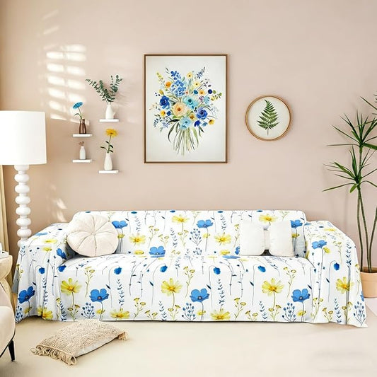 Erosebridal Watercolor Floral Sofa Cover Blue Yellow Flower Couch Cover Modern Minimalist White Sofa Slipcover for Pets, Kids, Dog Rustic Farmhouse Washable Non Slip Couch Protector 91" X 118" by Erosebridal