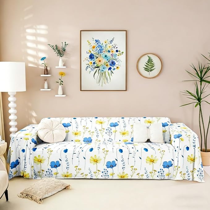 Erosebridal Watercolor Floral Sofa Cover Blue Yellow Flower Couch Cover Modern Minimalist White Sofa Slipcover for Pets, Kids, Dog Rustic Farmhouse Washable Non Slip Couch Protector 91" X 134" by Erosebridal