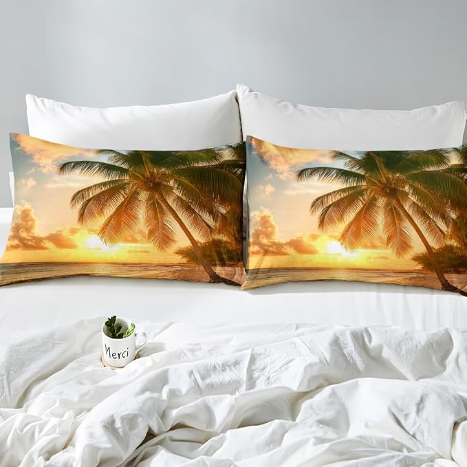 Ocean Sheet Set,Beach Themed Bedding Set Sunset Palm Tree Fitted Sheet & Flat Sheet Teal Blue Brown Ocean Sea Life Pattern Coastal Bed Sheet Set for Kids Boys Girls Bedroom Decor(Twin Size,Top Sheet) - Image 7