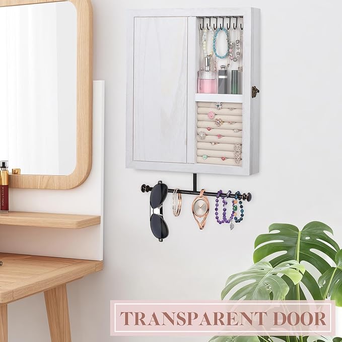 Keebofly Wall Mounted Rustic Wood Jewelry Organizer Cabinet - White | Large Hanging Holder Display for Necklaces, Earrings & Bracelets, Space Saving Ring Storage, Great Gift for Women - Image 2