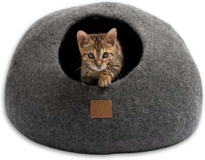 Handcrafted Wool Cat Cave Bed - Perfect Hideaway for Your Feline Friend - Quiet/Warm for Sleeping & Relaxing - Love Your Pet Dog or Cat - 100% Organic Felt - Ethically Sourced (Grey) by FuzzyCove