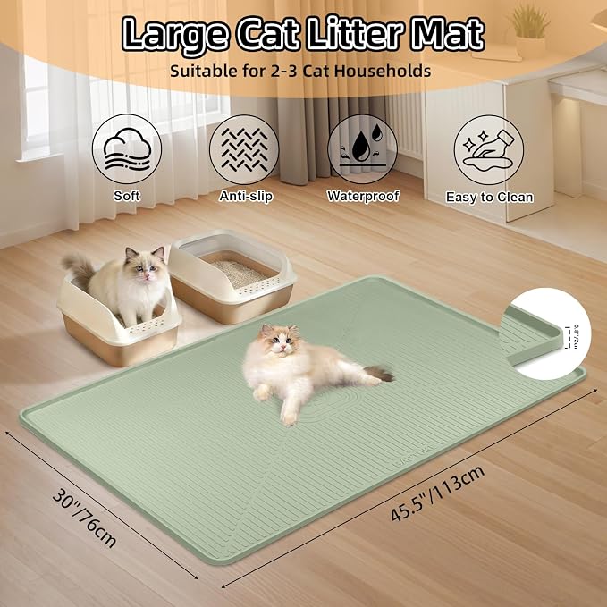 Silicone Cat Litter Mat 45" x 30" Cat Mat for Litter Box, Green | Extra Large Cat Litter Trapping Mat for Floor, Waterproof, Non-Slip Kitty Litter Box Mat with Raised Edge, Easy to Clean - Image 2