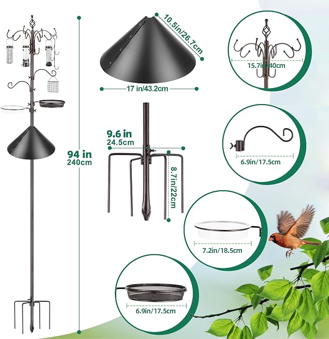 Bird Feeding Station Kit with Squirrel Baffle Bird Feeder Pole with Suet Cage Mesh Tray Fruit Hook Double W Hook for Attracting Wild Birds and Hanging Planter Hanger Lights - Image 3