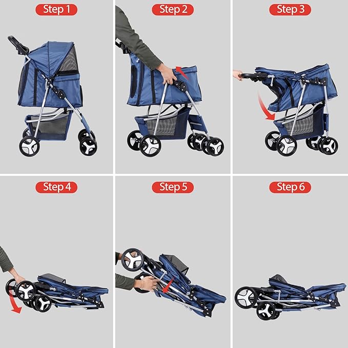 Pet Stroller 4 Wheels Dog Cat Stroller for Small Medium Dog Cats Carrier Jogger Travel Foldable Puppy with Storage Basket and Cup Holder (Navy Blue)