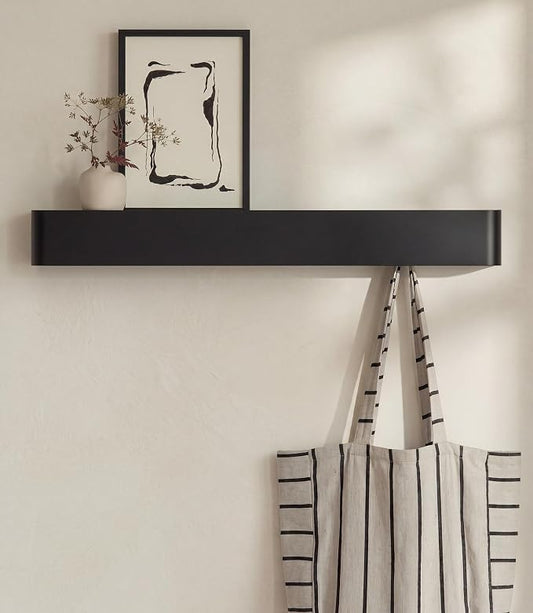 Kazai. Coat Rack Wall Mount with Shelf 'Tone' | Modern Design Coat Hanger with Hidden Hooks and Storage | Hat Rack with Shelf in Metal | Wall-Mounted Purse Organizer | Black by KAZAI