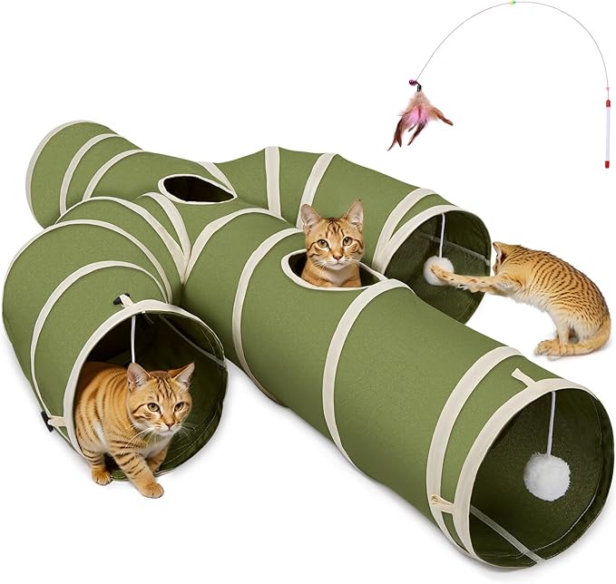 Ownpets Cat Tunnel Cactus-Shaped, Sturdy Oxford Fabric Collapsible Cat Tunnels for Indoor Cats,Interactive Peek Hole Pet Tunnel Tube with Cat Wand Toy, Green by Ownpets