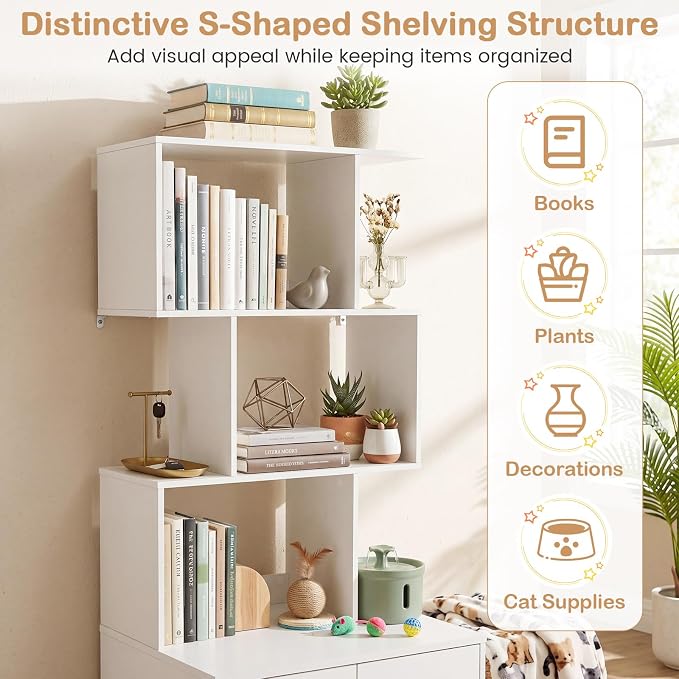 PETSITE Cat Litter Box Furniture with 3 Shelves and Doors, 56 inch Tall Cat Box Enclosure with Display Shelves and Side Entry, Indoor Hidden Litter Box with Decorative Storage Shelving (White) - Image 4