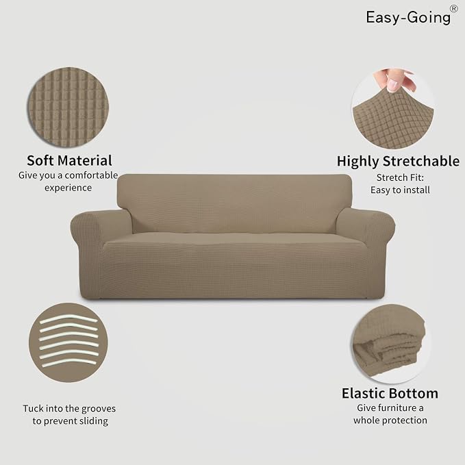 Easy-Going Stretch 4 Seater Oversized Sofa Couch Cover Natural | 1-Piece Extra X-large Sofa Cover Furniture Protector Couch Soft with Bottom for Kids, Spandex Jacquard - Image 3