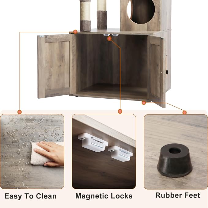Timberer Litter Box Enclosure with Cat Tree, 2-in-1 Cat Tree Tower, Hidden Cat Litter Box Furniture with Scratching Post, Modern Cat Condo, Grey - Image 4