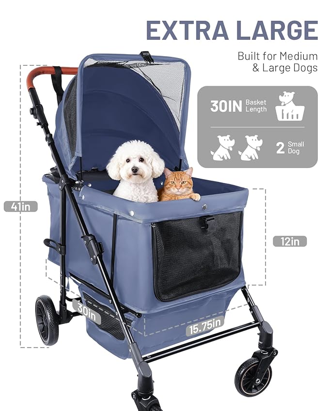 Dog Stroller for Large & Medium Dogs, Pet Stroller for 2 Small Dogs, Extra Large Heavy Duty, Foldable Design, Adjustable Handle, with Pocket, Up to 132 lbs(Navy Blue)
