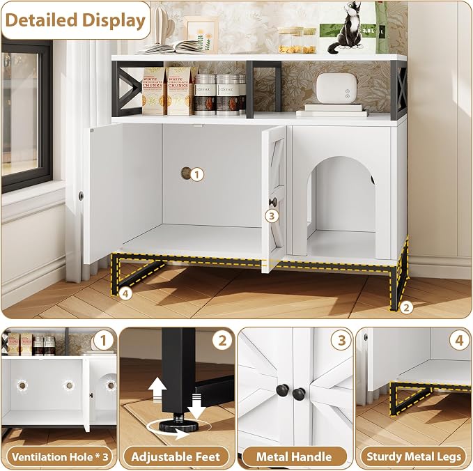 DreamDashio Cat Litter Box Enclosure with Shelves, 35.4" Hidden Litter Box Furniture, Enclosed Litter Box Cabinet with Storage, Farmhouse Indoor Cat House for Living Room, Bedroom, Entryway, White - Image 4