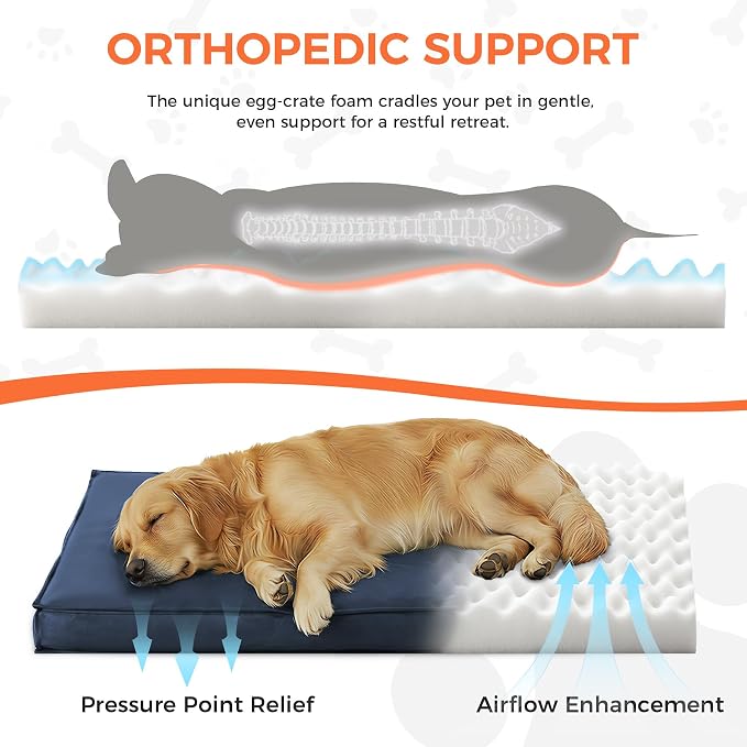 Outdoor Dog Bed Large Sized Dog, Waterproof Dog Bed Large, 36x27x3 Inch, Orthopedic Dog Bed with Removable Washable Cover, Rectangle Egg Crate Foam Pet Bed for Camping, Outside, Navy Blue - Image 4