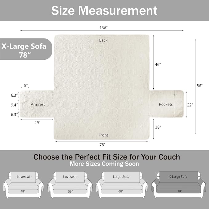 Soft Quilted Couch Cover with Pockets for Extra-Large Sofa, Anti-Slip Sofa Covers Washable for 3 Cushion Pet Friendly Medallion Oversized Sofa Cover Water-Repellent (X-Large Sofa 78", Ivory White) - Image 7