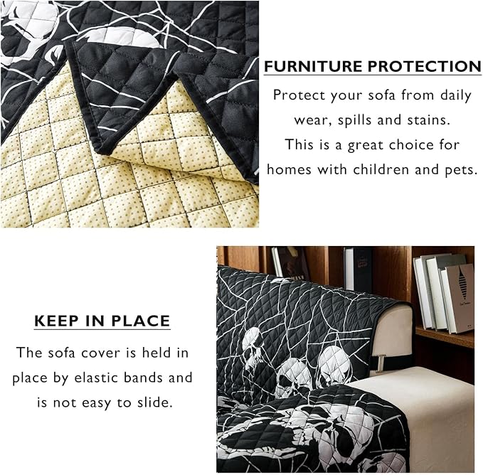 Cmfshape Halloween Sofa Slipcover-Black with Spider,Skull,Pet Friendly Couch Covers for 3 Cushion Sofa,Washable Sofa Protector for Holiday,Anti-Slip with Elastic Band - Image 5
