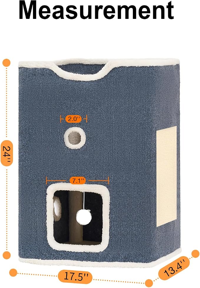 Cat House, Cat Beds for Indoor Cats, 2-Story Cat Condo Cube | Cat Bed Cave with Scratch Pad and Fluffy Ball Hanging, Multi-Level Cozy Hideout Center Ideal for Small/Medium Cats - Image 6