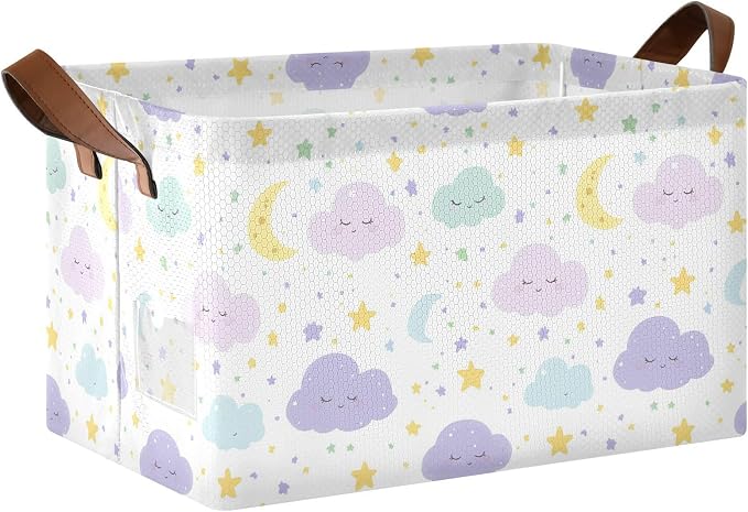 Cute Clouds Moon and Stars Purple Baby Storage Basket with Labels&Handles Rectangular Waterproof Nursery Storage Bins Collapsible Shelf Organizer Baskets for Kids Books Cloth Gift Toys Laundry by Unknown