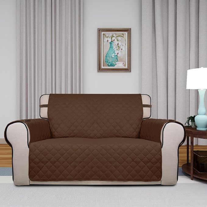 PureFit Reversible Quilted Couch Covers for Dogs Loveseat Sofa Cover 46.5” | Coffee/Ivory, Water Resistant Couch Protector, Washable Pet Couch Cover with Non Slip and Elastic Straps For Kids - Image 2