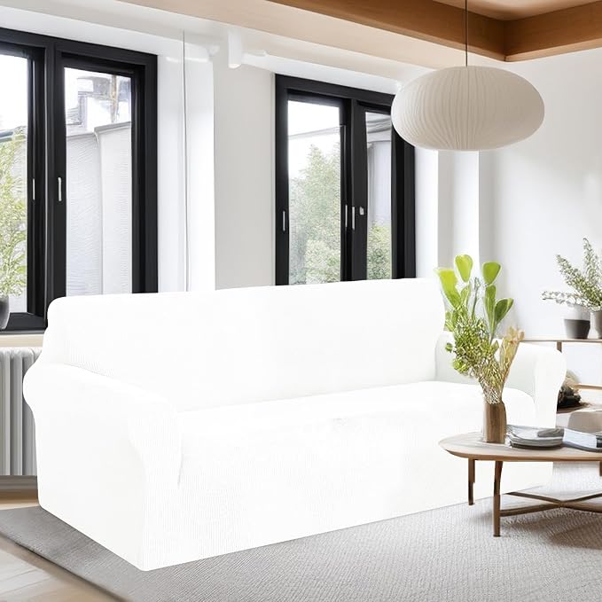 U-NICE HOME Oversized Stretch Couch Cover Slipcover, Ivory White | 3 Cushion Sofa, 1-Piece Sofa cover, Washable, Pet friendly, Furniture protector, Polyester Spandex Jacquard fabric - Image 2