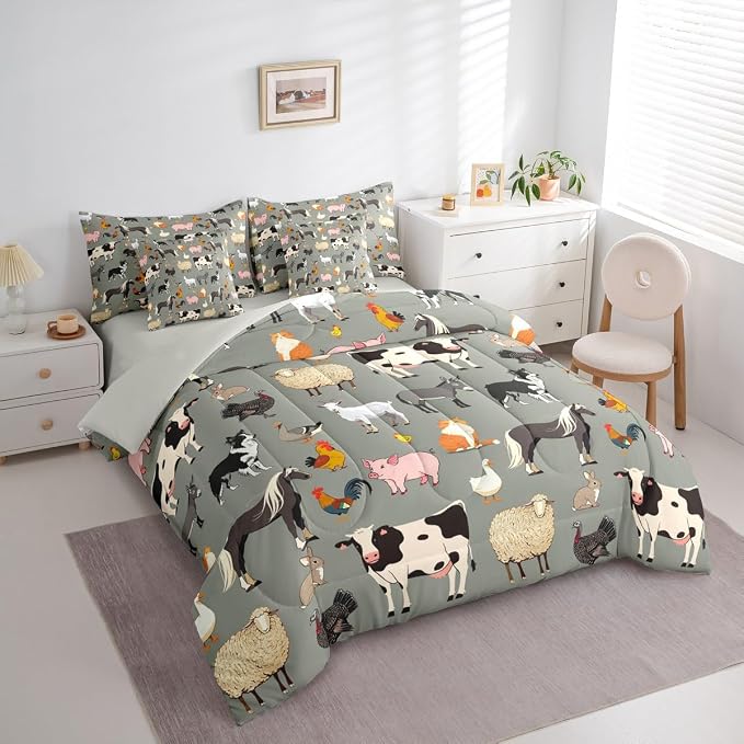 Erosebridal Farm Animals Comforter Sets with Sheets, Cartoon Animal 7 Piece Bedding Set for Kids Boys Girls Cute Farmhouse Animal Bed in A Bag Funny Horse Sheep Cow Bed Set Queen, Grey - Image 3
