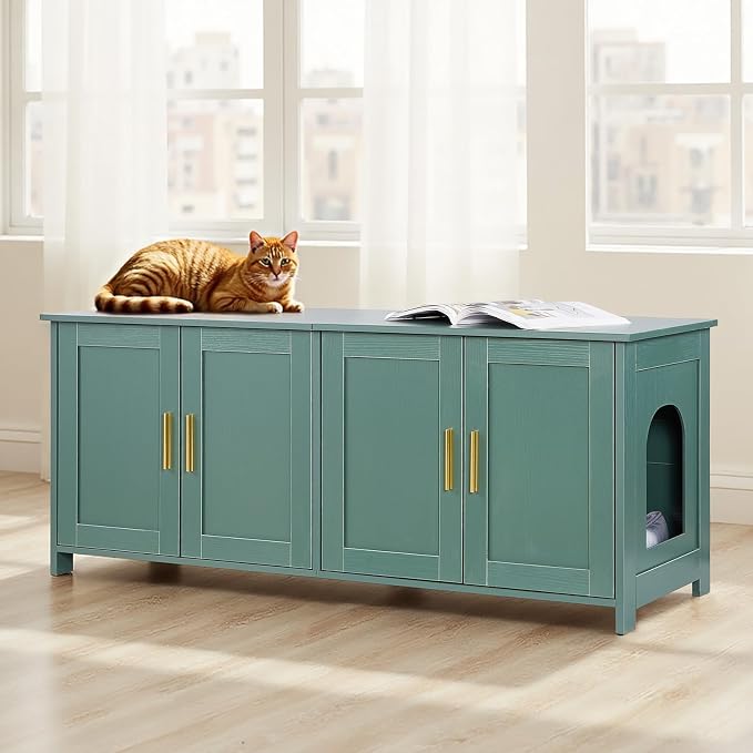 VEVOR Cat Litter Box Enclosure for Multi Cats, 47.2 in Hidden Litter Box Cabinet with 4 Doors & 2 Entries, Indoor Cat Washroom, Wooden Kitty House Furniture Side Table, Fit Most Litterboxes, Green - Image 8
