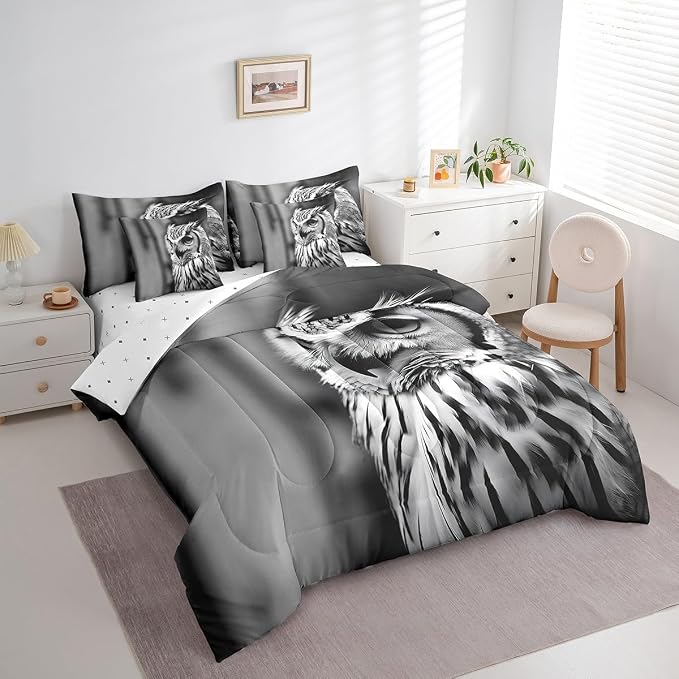 Erosebridal 7-Piece Owl Animal Comforter Set Twin Size, Owl Bed in a Bag Bedroom Comforter with Sheets (1 Comforter, 1 Flat Sheet 1 Fitted Sheet 2 Pillowcases and 2 Pillow Shams), Black Grey - Image 2