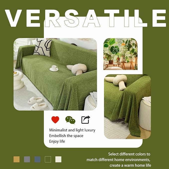 DREAMINGO Herringbone Textured Green Chenille Couch Cover 71"x118" | Modern Minimalism Style, Living Room Decor, Furniture Protector, Fit 2 Cushion Couch & Sectional, Washable, Large Size - Image 6