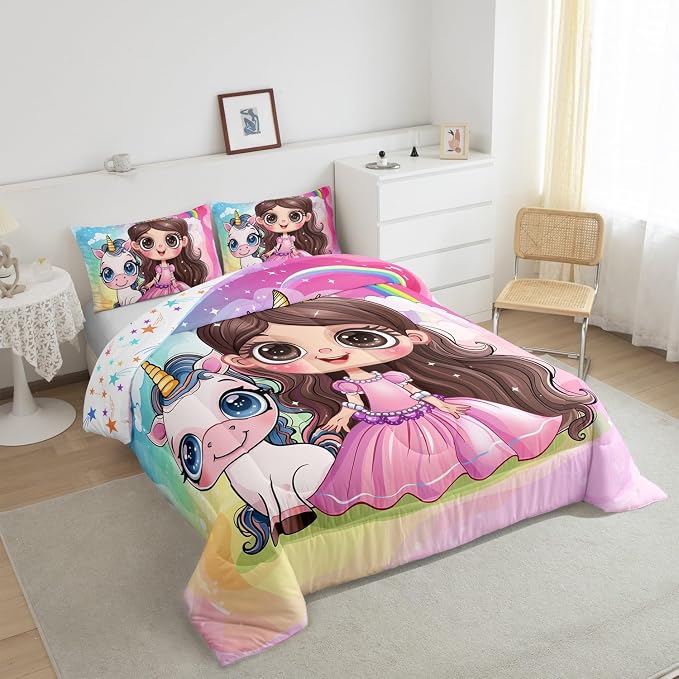 Manfei Princess Unicorn Comforter Set,Dreamy Animal Fairy Tale Cartoon Bedding Set for Adults Living Room,Starry Rainbow Glitter Fantasy Quilt Set,Pink Blue Duvet Insert 3 Pcs with 2 Pillowcases,King - Image 3