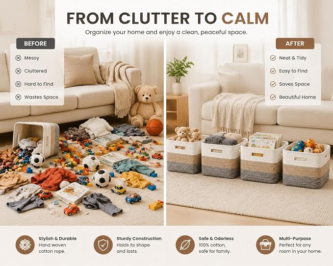 4 sets of hand-woven cotton rope storage boxes, suitable for toys, books, clothes, bathrooms, and car trunks used for organizing and decoration, Two 16x14x7 in and two 14x10x7 in - Image 6
