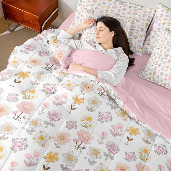 Feelyou Cute Flower 7 Piece Bedding Set Yellow Pink Floral Comforter Set with Sheets for Kids Boys Girls Romantic Blossom Bed in a Bag Cartoon Style Bed Set Soft Lightweight - Image 7