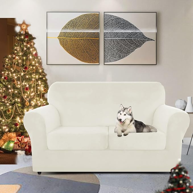 ZNSAYOTX Luxury Velvet Sofa Cover 3 Piece (57"-70") Stretch Loveseat Covers for 2 Cushion Couch Thick Soft Couch Slipcover with Non Slip Strap, Dog Pet Friendly Nice Furniture Protector (Beige) - Image 2