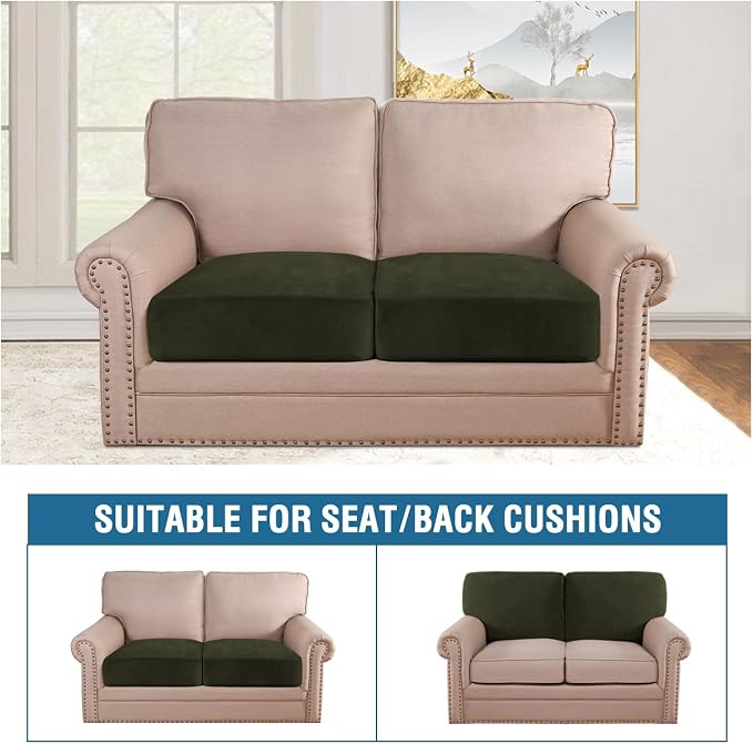 H.VERSAILTEX Velvet Stretch Couch Cushion Cover Plush Cushion Slipcover for Chair Loveseat Sofa Cushion Furniture Protector Seat Cushion Sofa Cover (2 Piece Large Sofa Cushion Covers, Olive) - Image 3