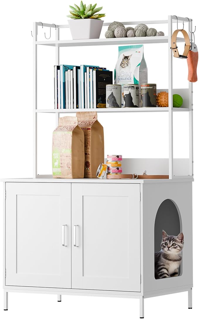 Cozy Castle Cat Litter Box Enclosure with Storage, 57'' Hidden Cat House Furniture, Wooden Cat Cabinet with Shelves & 4 S-Hooks, Indoor Cat Litter Box Organizer, White - Image 9