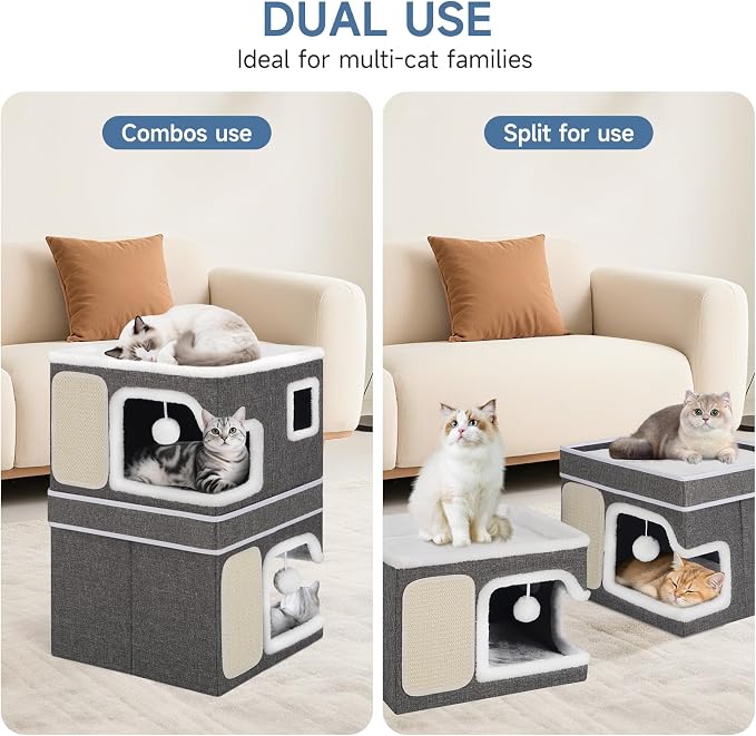 Double Cat Beds for Indoor Cats, 2-Storey Cat House with Large Cozy Hideaways, Dual Purpose Cat Cave Cube with Scratch Pads, Fluffy Balls, Foldable Indoor Cat Houses for Multi Small Pets Kitten, Grey - Image 3