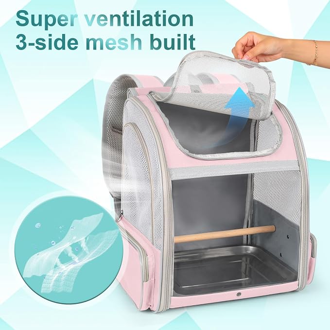 Bird Carrier Backpack for Small to Meidum Bird, Portable Travel Carrier Cage with Standing Perch and Metal Tray (Pink, Backpack Carrier) - Image 4