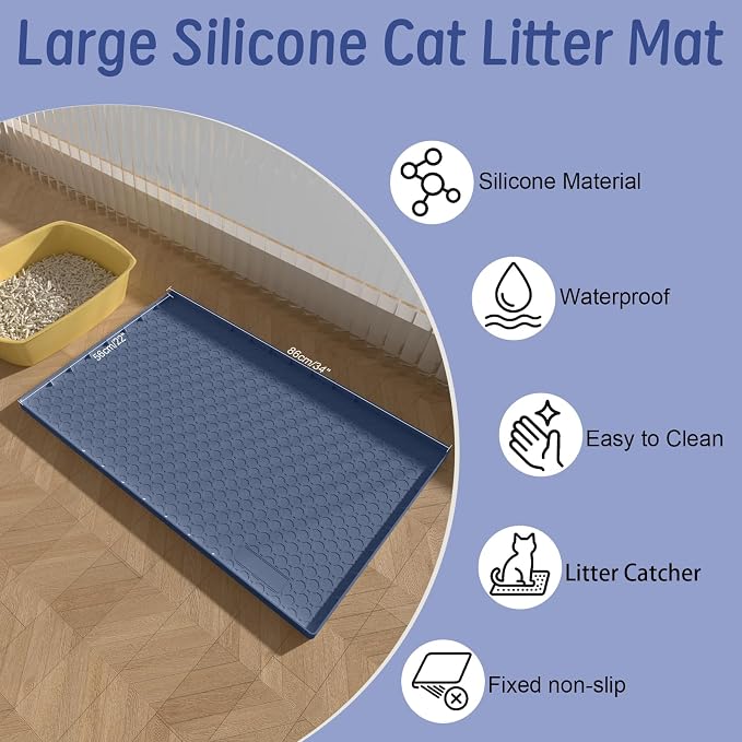 Silicone Large Cat Litter Mat 34" X 22", Cat Mat for Litter Box, Cats Litter Trapping Mat, Non-Slip and Waterproof, Raised Edges, Blue - Image 2