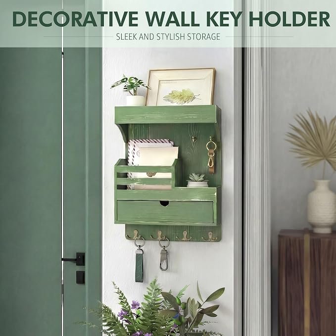Rebee Vision Key Holder Wall Mount with 6 Key Hooks for Entryway, Green | Pine Wood, Key Holder for Wall, Floating Shelf, Plant Display, Small Drawer Organizer, Mail Sorter, Room Decor, Home Storage - Image 4