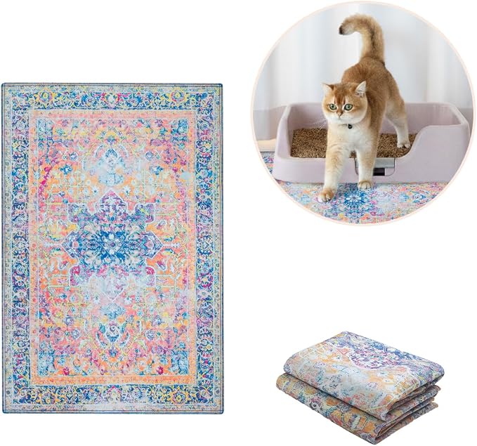 Lovewag Pets Cat Litter Box Mats 2 Pack - Small 16x24 Machine Washable, Easy Clean, Non-Slip, Waterproof Mats for Indoor Cats - Kitty Litter Mess Control & Urine Floor Protection (Marmalade Sunshine) | Washable litter mat cover, kitty litter mat & cat ... - Image 8