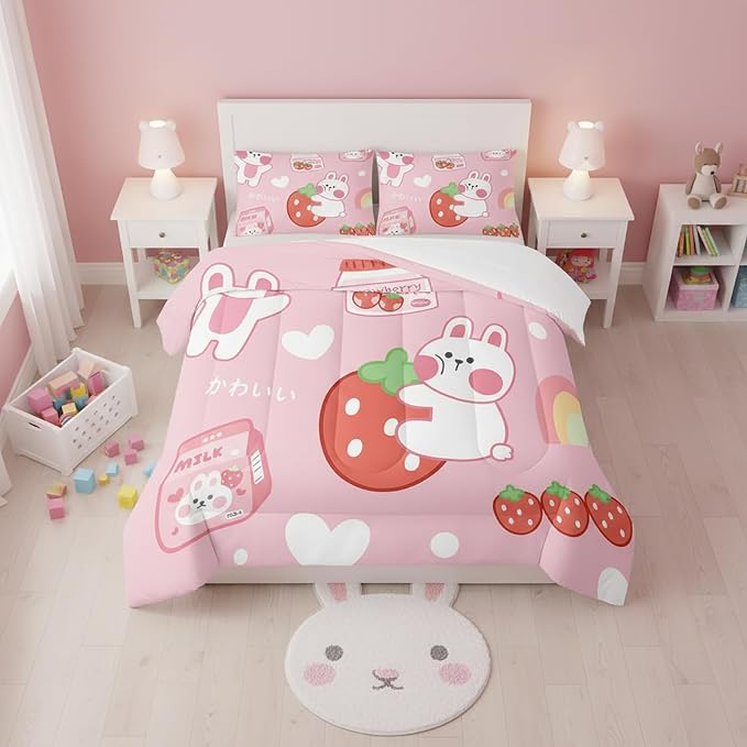 QOOMO Strawberry Rabbit Comforter Set for Kids Teens Girls Women,Pink Bunny Kids Comforter,1 Comforter with 2 Pillowcase, Microfiber 3 Piece Bedding Set,for All Seasons(Pink，Twin Size) - Image 2