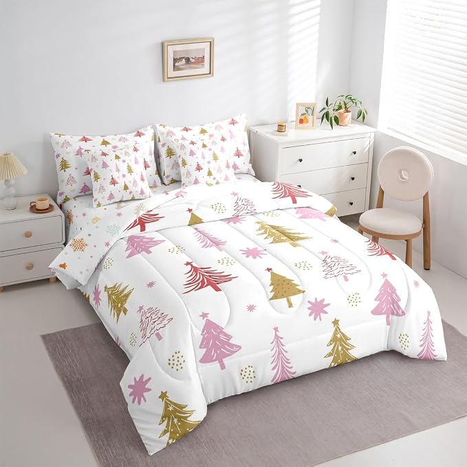 Erosebridal Merry Christmas Bedding Set Full Cartoon Pink Christmas Comforter Set 7 Piece Kids Cute Xmas Tree Bed in A Bag for Kids Boys Men Winter New Year Gift Quilt with Flat Fitted Sheet - Image 4