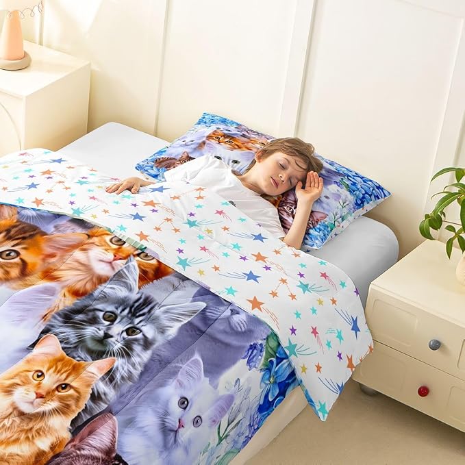 Feelyou Kids Cute Cat Comforter Cartoon Pet Cats Bedding Set for Children Boys Girls Cute Kitten Print Comforter Set Cat Lover's Animal Themed Design Quilt Set Bedroom Collection 2Pcs Twin Size - Image 8