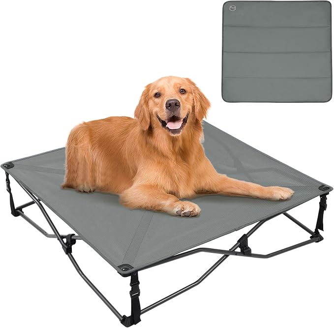 Timber Ridge Large Elevated Dog Bed, 3-in-1 Portable, Folding, and Raised with Removable Pad Mat, Cooling Design for Indoor and Outdoor Use, Grey by TIMBERRIDGE