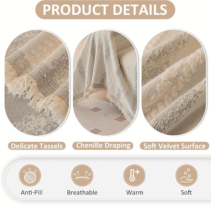 VClife Chenille Sofa Cover Bohemian Striped Pattern Couch Cover for 2 Cushion Sofa - Cream and Gray Textured Sofa Slipcover Washable Furniture Protector for Couch Decorative Couch Cushion Cover - Image 3