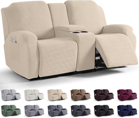KinCam Loveseat Recliner Covers with Middle Console Slipcover, Vanilla | Stretch Recliner Sofa Covers for 2 Seat Couch Cover, Jacquard Furniture Protector Covers with Elastic Bottom for Kids, Pets by KinCam