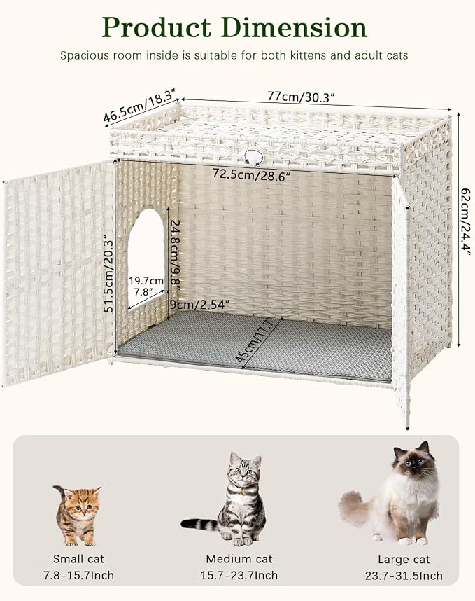 SETVSON Cat Litter Box Enclosure Furniture, Handwoven Rattan Hidden Litter Box with Mat, Large Space Cat House with 2 S-Shaped Hooks 30.3 x 18.3 x 24.4 Inches, Indoor for Living Room Apartment White - Image 5