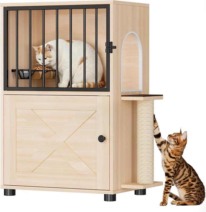 Dog Proof Cat Feeding Station, Dog Proof Cat Feeder, Cat Food Table | Cat Feeding Station with Scratching Post, Elevated Cat Food Bowls with Stand, Pet Food Storage Cabinet, Cat House Furniture by VKTO