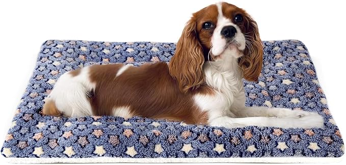 Mora Pets Dog Bed Crate Pad Ultra Soft Pet Bed with Cute Star Print Washable Crate Mat for Large Medium Small Dogs Reversible Fleece Dog Crate Kennel Mat Cat Bed Liner 23 x 18 inch Dark Blue by MoraPets