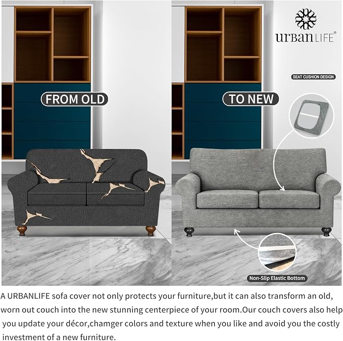 URBANLIFE 3-Piece Stretch Sofa Covers for 2 Cushion Couch, Light Gray | Super fitted spandex slipcovers for couches. Non-slip elastic bottom. Machine washable furniture protector for kids & pets. - Image 5