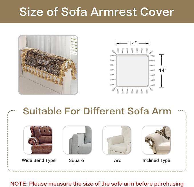 Loom and Mill Luxury Jacquard Sofa Arm Covers 2 PCS, Bronze Gold, 14x14in | Classic Antique Couch Armrest Cover with Tassels, Non-Slip Furniture Protector for Chair Sofa Recliners Couch Dogs Pets - Image 3